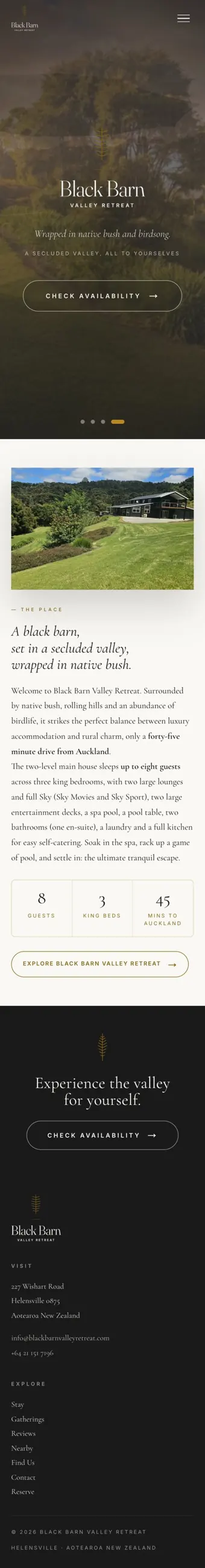 Black Barn Valley Retreat website on mobile